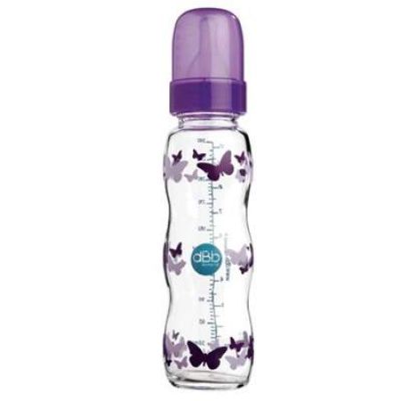 Biberon de sticla cu tetina din silicon violet decorat Papillons, 290 ml, +4 luni, 108022, dBb Remond