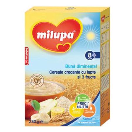 Cereale crocante cu lapte si 3 fructe Buna dimineata, Gr. +8 luni, 250 g, Milupa