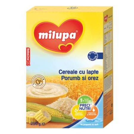 Cereale cu lapte, porumb si orez, grupa 4 luni, 250 g, Milupa