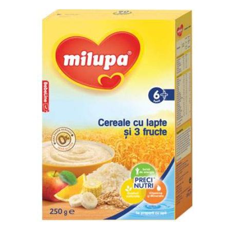 Cereale cu lapte si 3 fructe, Gr. +6 luni, 250 g, Milupa