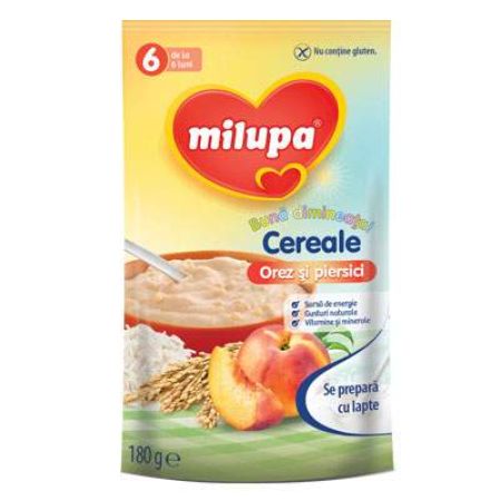 Cereale orez si piersici Buna dimineata, Gr. +6 luni, 180 g, Milupa