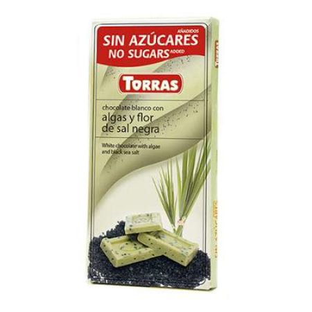 Ciocolata alba cu alge si sare de mare neagra fara zahar, 75 g, Torras