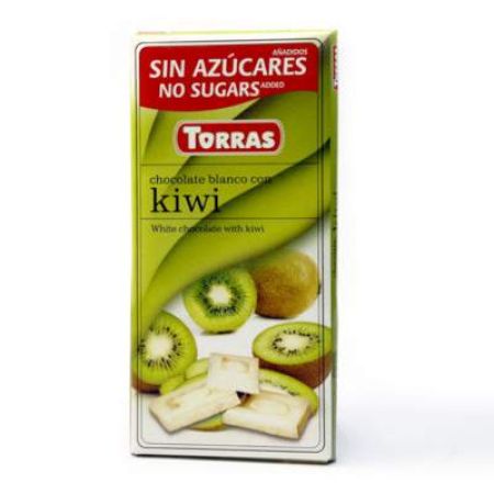 Ciocolata alba cu kiwi fara zahar, 75 g, Torras