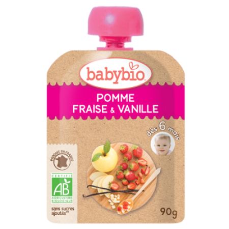 Desert Bio din mere, capsuni si vanilie, +6 luni, 90 g, BabyBio