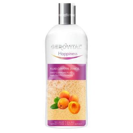 Fluid pentru curatare zilnica, cu extract de caise, pentru ten uscat, Gerovital Happiness, 200 ml, Farmec