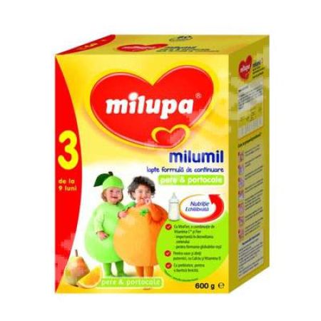 Formula de lapte cu pere si portocale Milumil 3, Gr. +9 luni, 600 g, Milupa