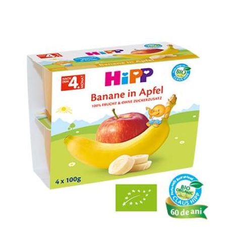 Gustare Bio cu fructe banane si mere, Gr. 4 luni, 4x100 g, Hipp