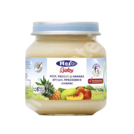 Gustare din pere, piersici si ananas,  6 luni, 125 g, Hero Baby