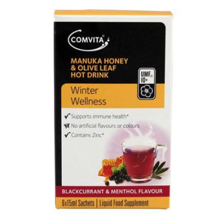 Hot drink Coacaze negre cu miere manuka UMF 10+ si extract din frunze de maslin, 6 plicuri, Comvita