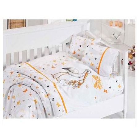 Lenjerie alb si portocaliu barza Baby Bamboo, 4 piese, First Choice