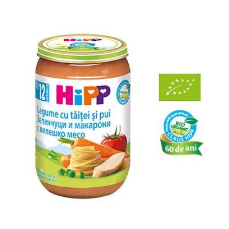 Meniu Bio pui cu legume si taitei, Gr. 12 luni, 220 g, Hipp