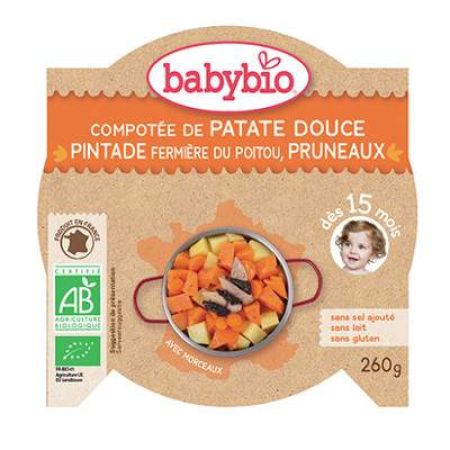 Meniu cu cartofi dulci, prune uscate si carne de bibilica, Gr. 15 luni, 260 g, Babybio