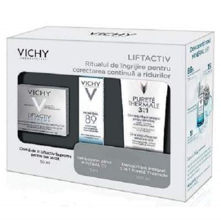 Oferta Pachet Crema antirid si fermitate pentru ten uscat Liftactiv Supreme 50ml, Gel Booster Mineral 89 5ml si Demachiant 3in1 Purete Thermale 100 ml, Vichy