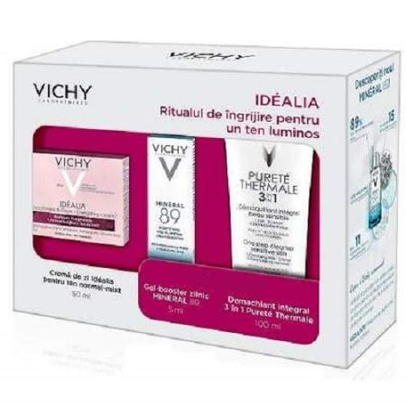 Oferta Pachet Crema energizanta de zi pentru ten normal-mixt Idealia 50ml, Gel Booster Mineral 89 5ml si Demachiant 3in1 Purete Thermale 100 ml, Vichy