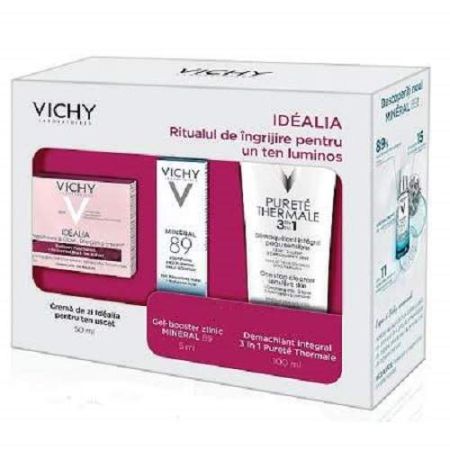 Oferta Pachet Crema energizanta de zi pentru ten uscat Idealia 50ml, Gel Booster Mineral 89 5ml si Demachiant 3in1 Purete Thermale 100 ml, Vichy