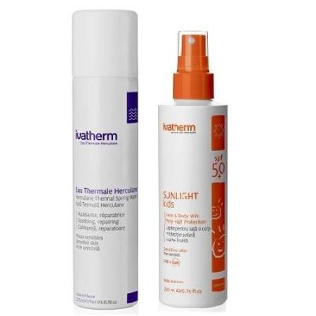 Oferta Pachet Lapte protectie solara pentru copii Sunlight SPF 50+ si Apa Termala, 200ml, Ivatherm