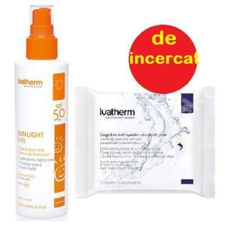 Oferta Pachet Lapte protectie solara pentru fata si corp SPF 50+ Sunlight Kids, 200 ml, Ivatherm