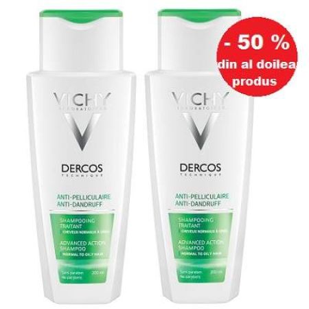 Pachet Sampon anti-matreata pentru par normal si gras Dercos, 200 + 200 ml, Vichy (50% reducere din al doilea produs)