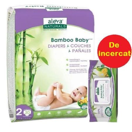 Oferta Pachet Scutec Bamboo Baby nr.2 si servetele, 3-8Kg, 30 buc, Aleva Naturals