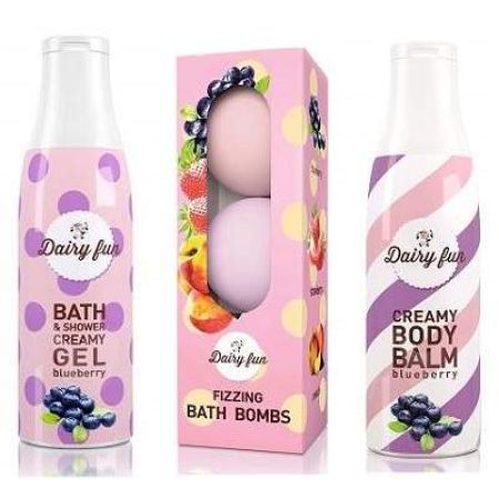 Pachet Dairy Fun Lotiune de corp 400 ml, Gel de dus 400 ml si Set 3 bombe aroma de afine, Delia Cosmetics