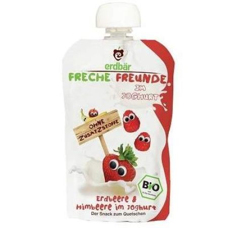 Piure Bio din capsuni, zmeura si iaurt, 100 g, Freche Freunde 