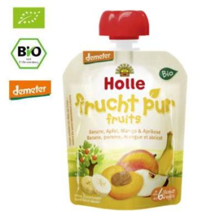 Piure Bio de fructe cu banane, mere, mango si caise, Gr. 6 luni, 90 g, Holle Baby Food