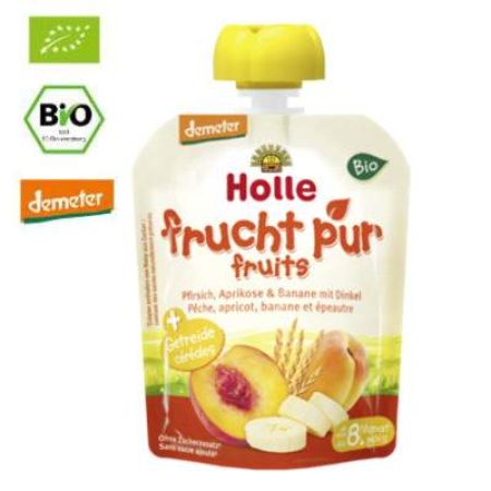 Piure Bio de fructe cu grau spelt, piersici, caise si banane, Gr. 8 luni, 90 g, Holle Baby Food