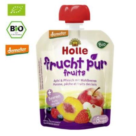 Piure Bio de fructe cu mere, piersici si fructe de padure, Gr. 8 luni, 90 g, Holle Baby Food