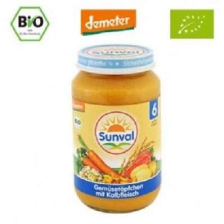 Piure Bio de legume cu carne de vitel, +6luni, 190 g, Sunval