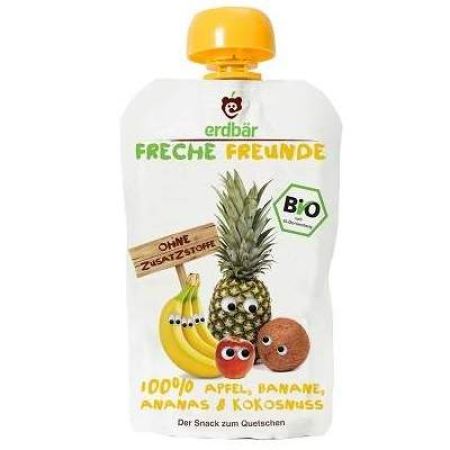 Piure Bio din mere, banane, ananas si cocos, 100 g, Freche Freunde