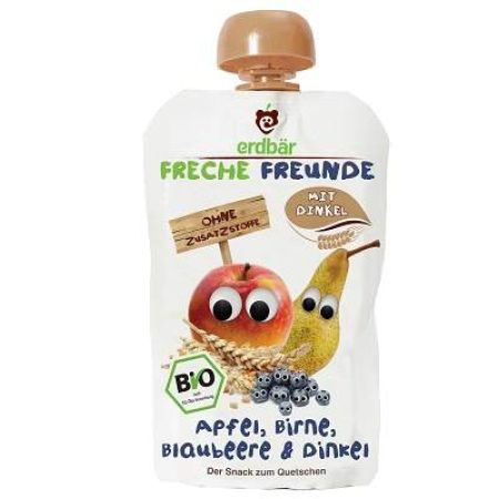 Piure Bio din mere, pere, afine si grau spelta, 100 g, Freche Freunde