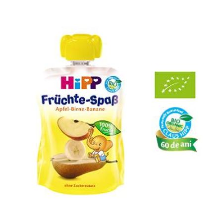 Piure Bio de mere, pere si banane, Fruit Fun, Gr. 1-3 ani, 90 g, Hipp