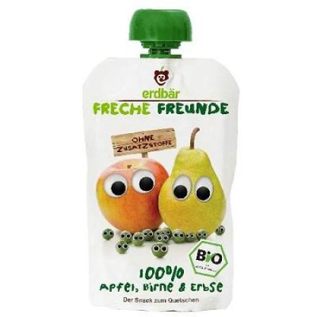 Piure Bio de mere, pere si mazare, 100 g, Freche Freunde