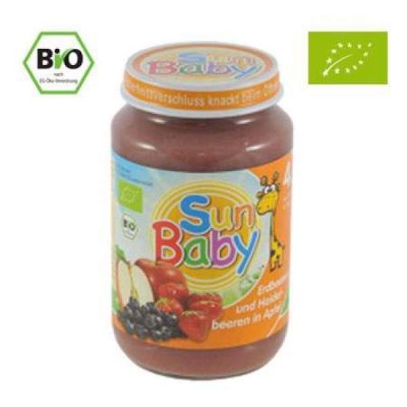 Piure Bio din capsuni, afine si mar, +4luni, 190 g, SunBaby Food