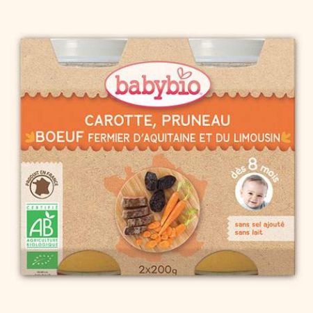 Piure Bio din carne de vacuta de ferma, morcovi si prune uscate, +8luni, 2X200g, BabyBio