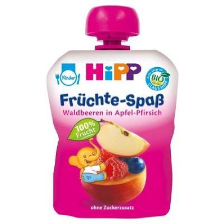 Piure Bio din mar, piersica si fructe de padure Fruit Fun, +12luni, 90 g, Hipp