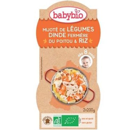 Piure Bio meniu din legume, orez si carne de curcan, +8luni, 2X200g, BabyBio