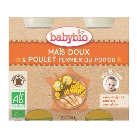 Piure de porumb dulce si pui, Gr. 8 luni, 2x200 g, Babybio