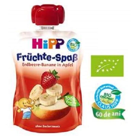 Piure din capsuni, banane si mar Fruit Fun, +12luni, 90 g, Hipp