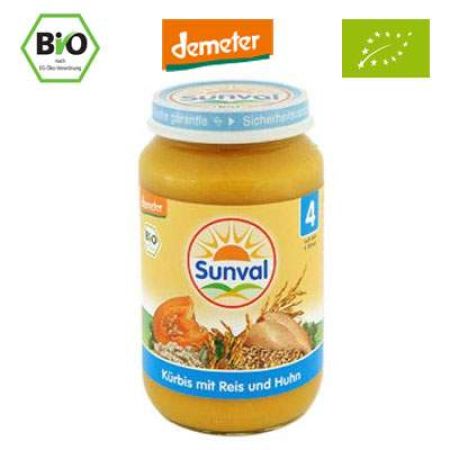 Piure Organic din dovleac cu orez si carne pui, Gr. +4 luni, 190 g, Sunval