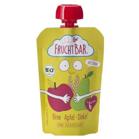 Piure Pouch Bio de pere, mere si grau, +6luni, 100 g, Frucht Bar