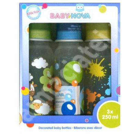 Set 3 biberoane decorate din PP fara BPA, 3x250 ml, 46505, Baby Nova