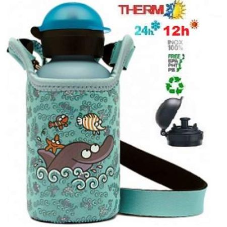 Termos Hit inox cu ventil Sport, capac cu filet si husa neopren Hit, Delfinas, 350 ml, Laken