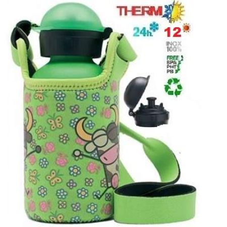 Termos inox cu ventil Sport, capac cu filet si husa neopren Hit, verde, 350 ml, Laken