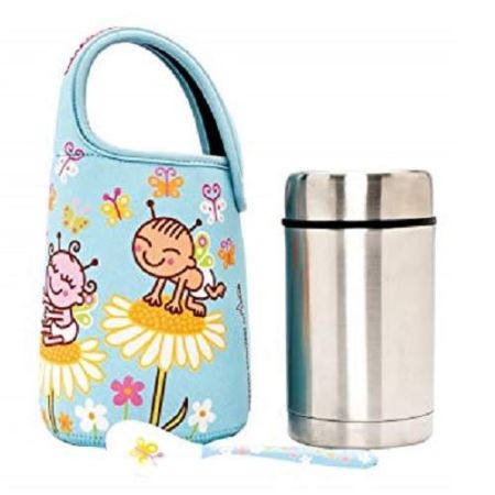 Termos inox cu gat larg si lingurita cu husa termoizolanta Drink Life, Butterfly, 500 ml, Laken