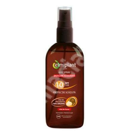 Ulei spray pentru bronzare accelerata cu ulei de cocos si macadamia SPF 10, 150 ml, Elmiplant