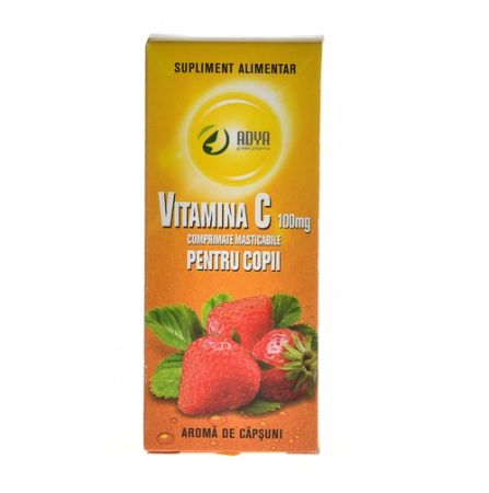 Vitamina C 100 mg cu aroma de capsuni pentru copii, 30 comprimate, Adya