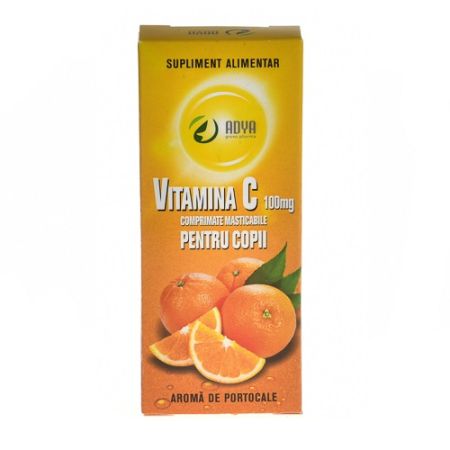 Vitamina C 100 mg cu aroma de portocala pentru copii, 30 comprimate, Adya