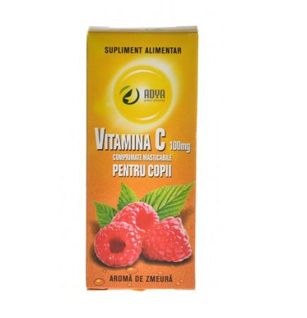 Vitamina C 100 mg cu aroma de zmeura pentru copii, 30 comprimate, Adya