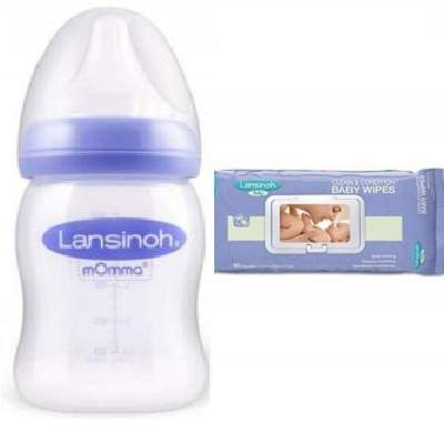 Oferta Pachet Biberon cu tetina din silicon cu flux lent Momma si Servetele Umede cu Lanolina 80 bucati, LS17, Lansinoh